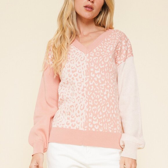 HEM & THREAD Blush Pink Leopard Print Sweater, V-Neck Soft Knit Pullover - Picture 2 of 8